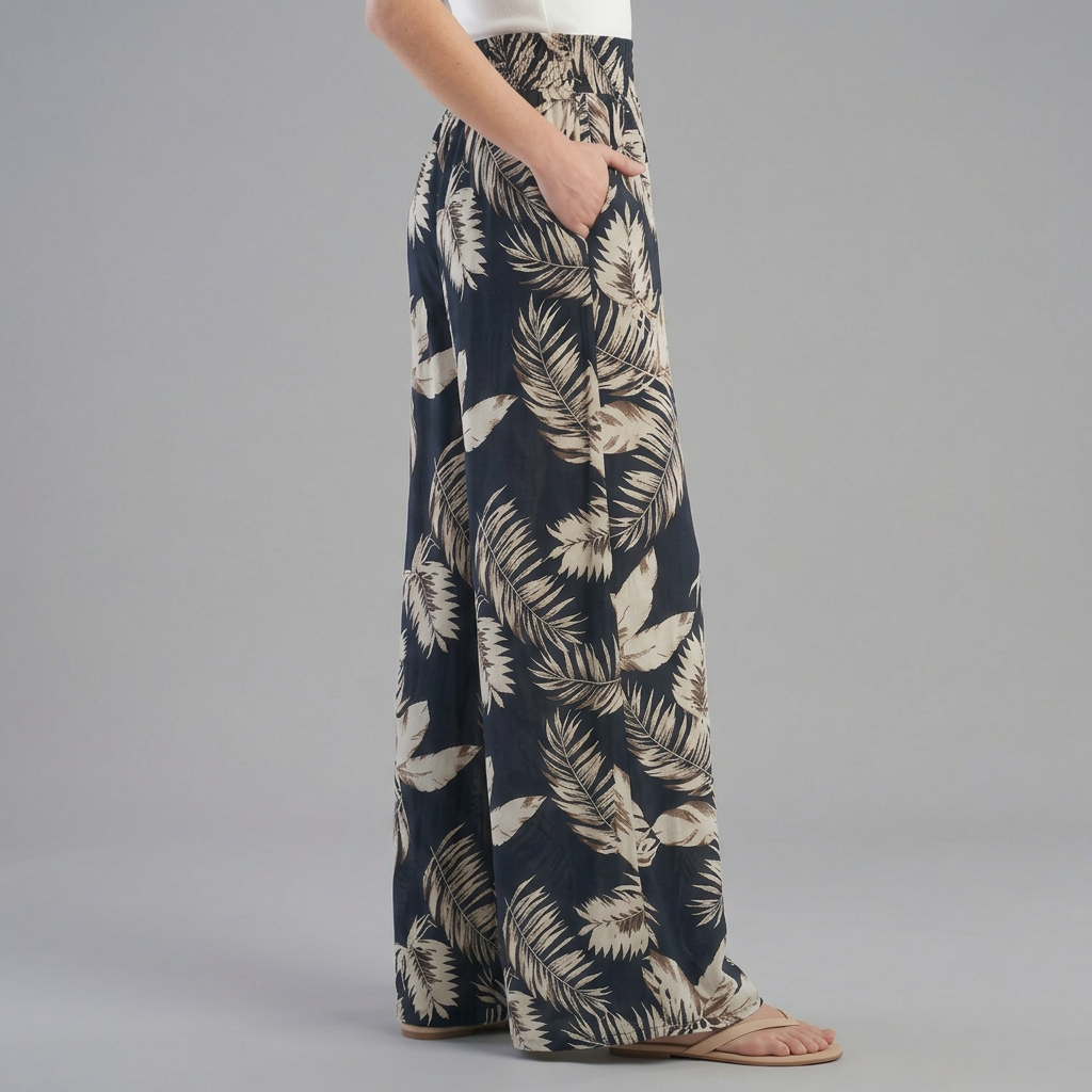 Duttini | Flowing Tropical Leaf Print Palazzo Pants With Ruched Waist And Pockets