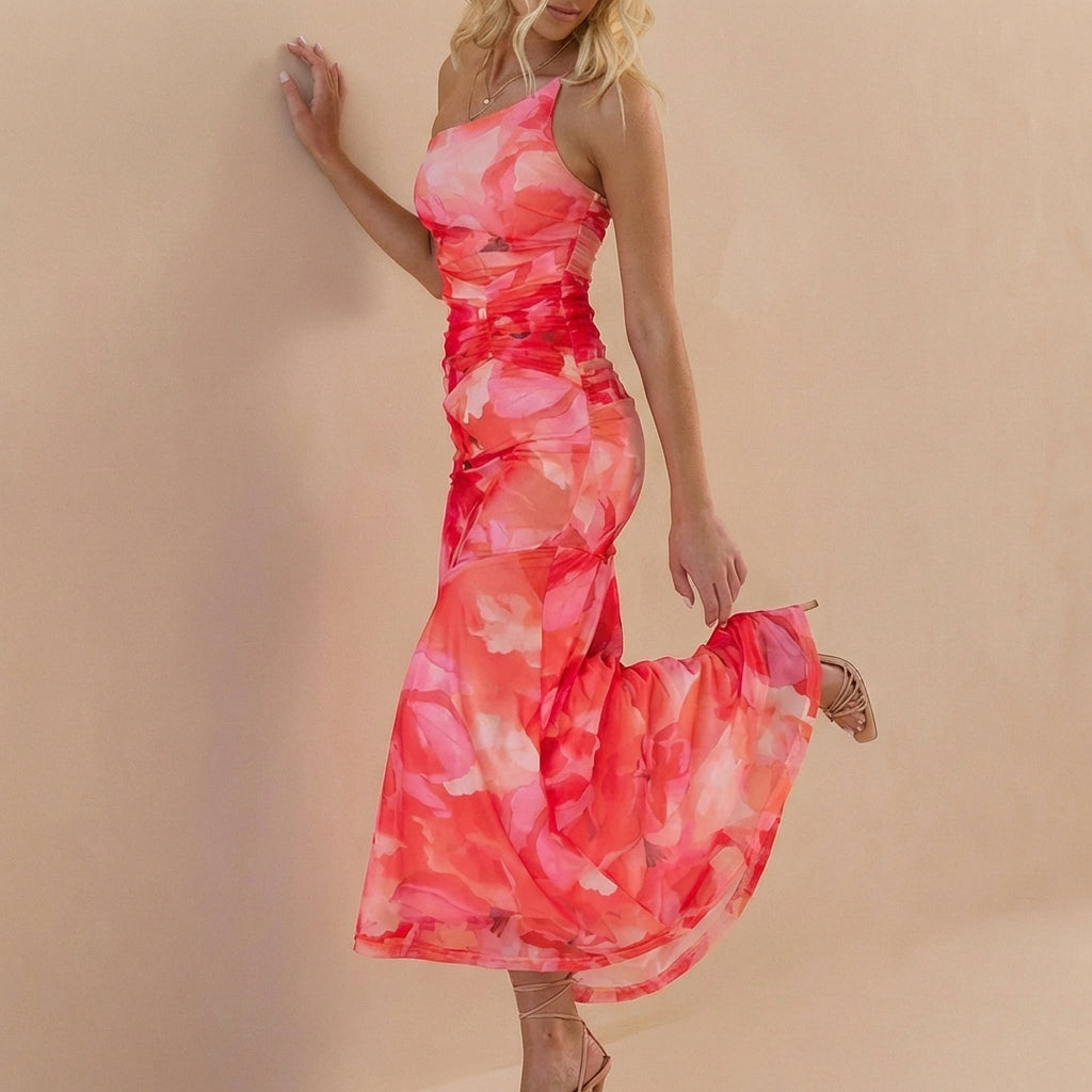 Duttini | Sophisticated Fitted One-Shoulder Mesh Overlay Maxi Dress With Ruched Detail