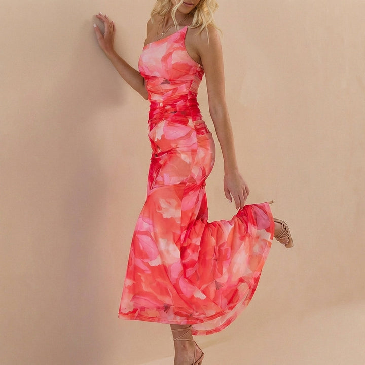 Duttini | Sophisticated Fitted One-Shoulder Mesh Overlay Maxi Dress With Ruched Detail