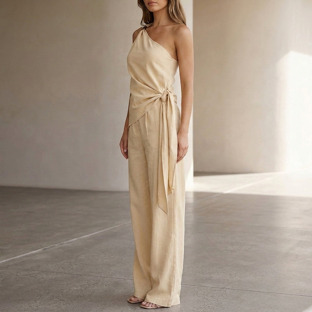 Duttini | Sculpted Tailored Asymmetrical One-Shoulder Draped Two-Piece With Wide-Leg Trousers