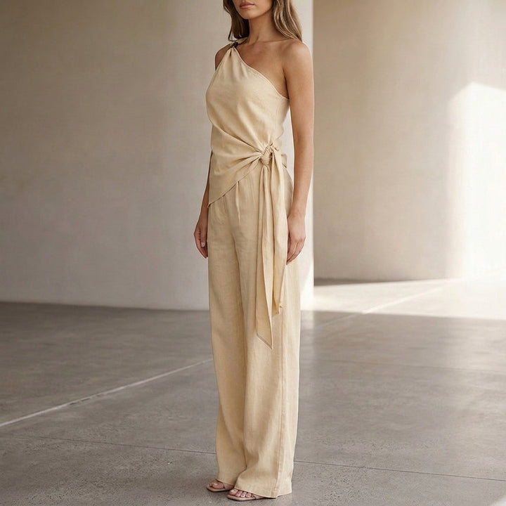 Duttini | Sculpted Tailored Asymmetrical One-Shoulder Draped Two-Piece With Wide-Leg Trousers