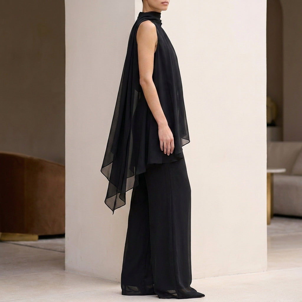 Duttini | Flowing Chiffon Halter Top And Pants Set With Pleated High-Neck And Tiered Hem