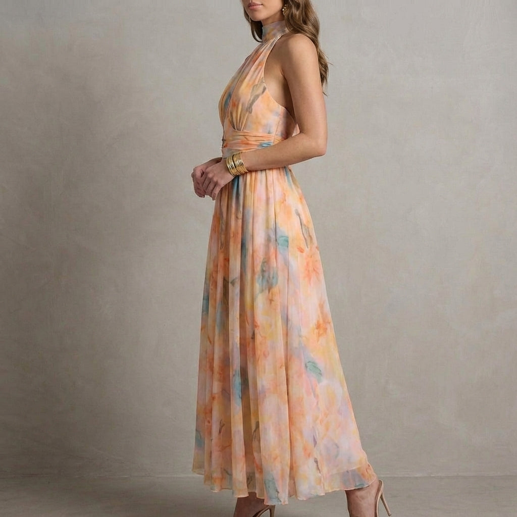Duttini | Elegant Ariellea Flowing Chiffon Halter Neck Maxi Dress With Waist Tie