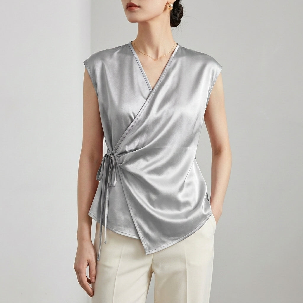 Duttini | Refined Tailored Sleeveless Wrap Blouse With Pleated Draping And Side Tie Closure