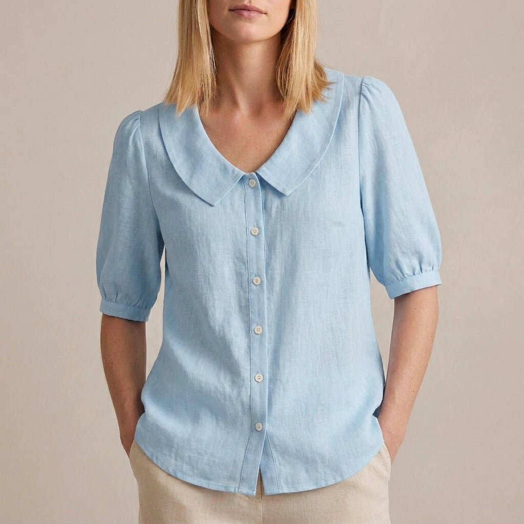Duttini | Feminine Relaxed Woven Button-Down Blouse With Peter Pan Collar And Puff Sleeves