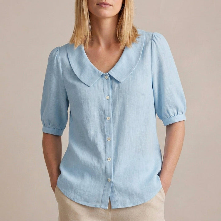 Duttini | Feminine Relaxed Woven Button-Down Blouse With Peter Pan Collar And Puff Sleeves