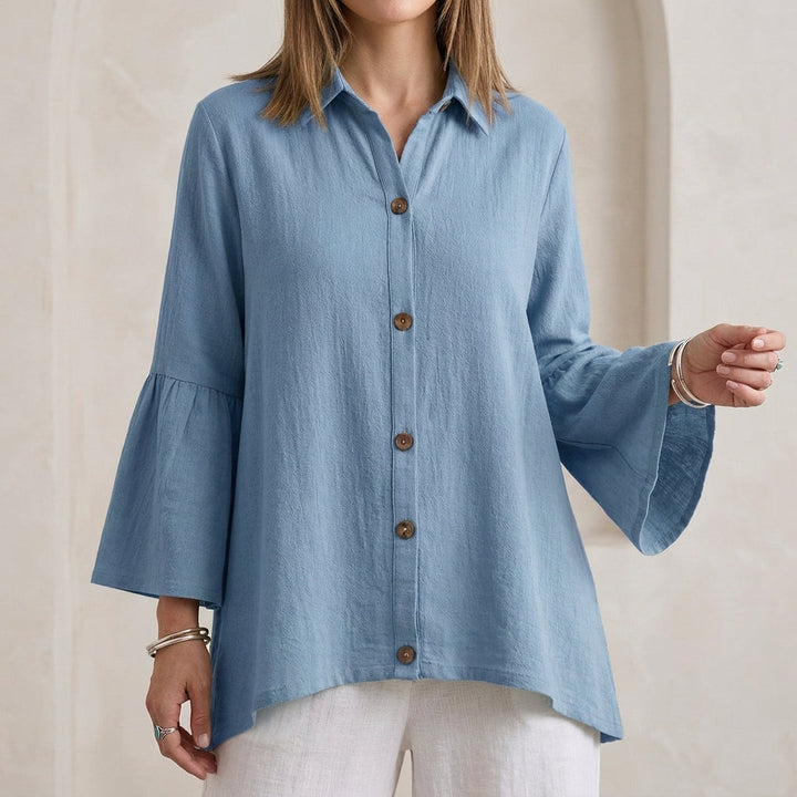 Duttini | Feminine Relaxed Fit Textured Button-Down Blouse With Flared Bell Sleeves