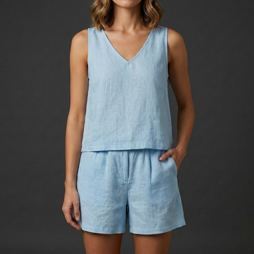 Duttini | Sculpted Relaxed V-Neck Vest And Pleated Shorts Set In Lightweight Woven Fabric