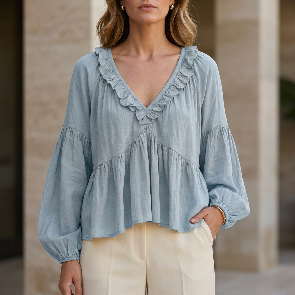 Duttini | Elegant Ruffle Trim V-Neck Peplum Blouse