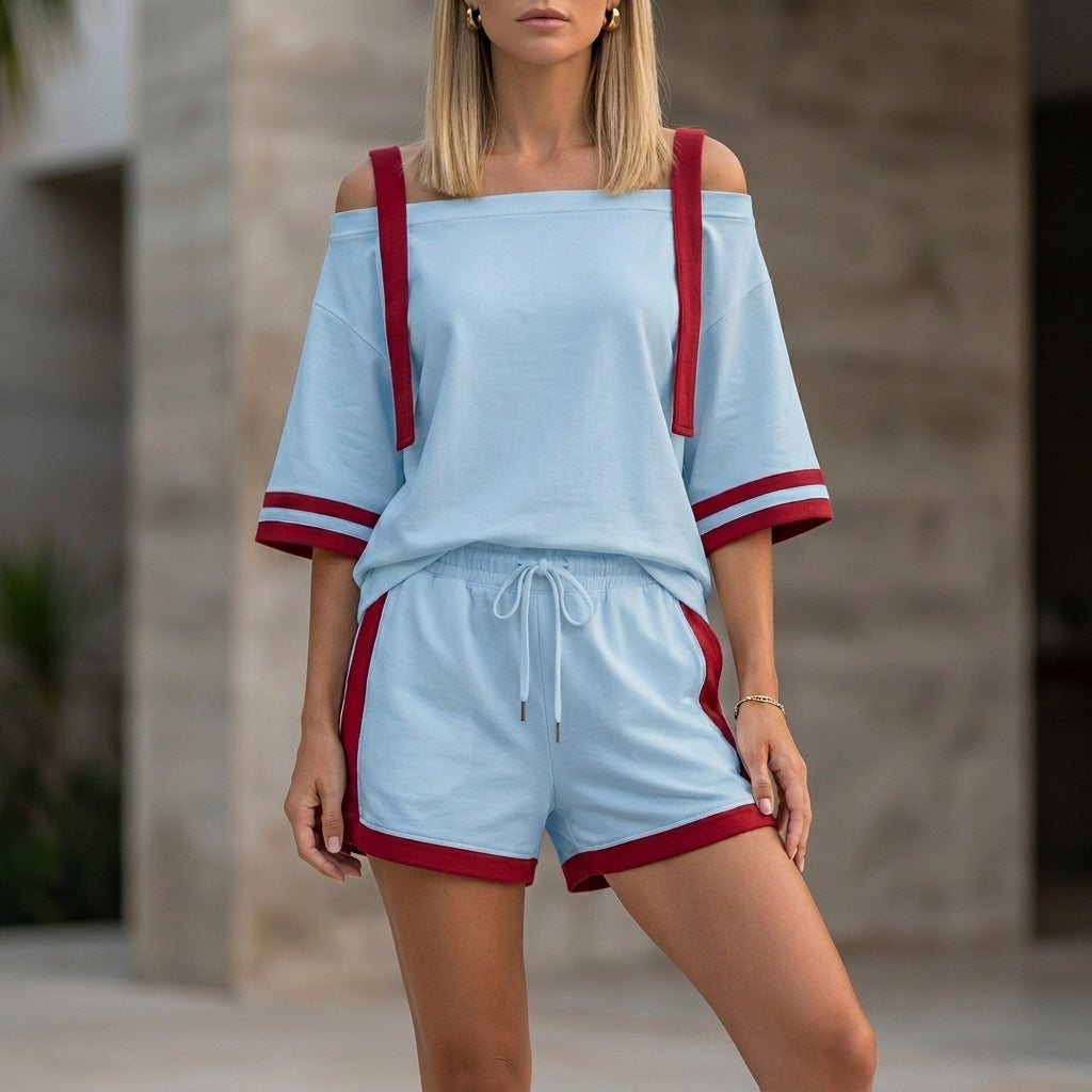 Duttini | Effortless Sporty Contrast Trim Two-Piece Set With Relaxed Off-Shoulder Top