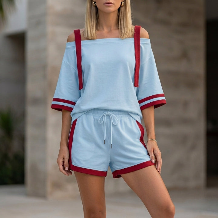 Duttini | Effortless Sporty Contrast Trim Two-Piece Set With Relaxed Off-Shoulder Top