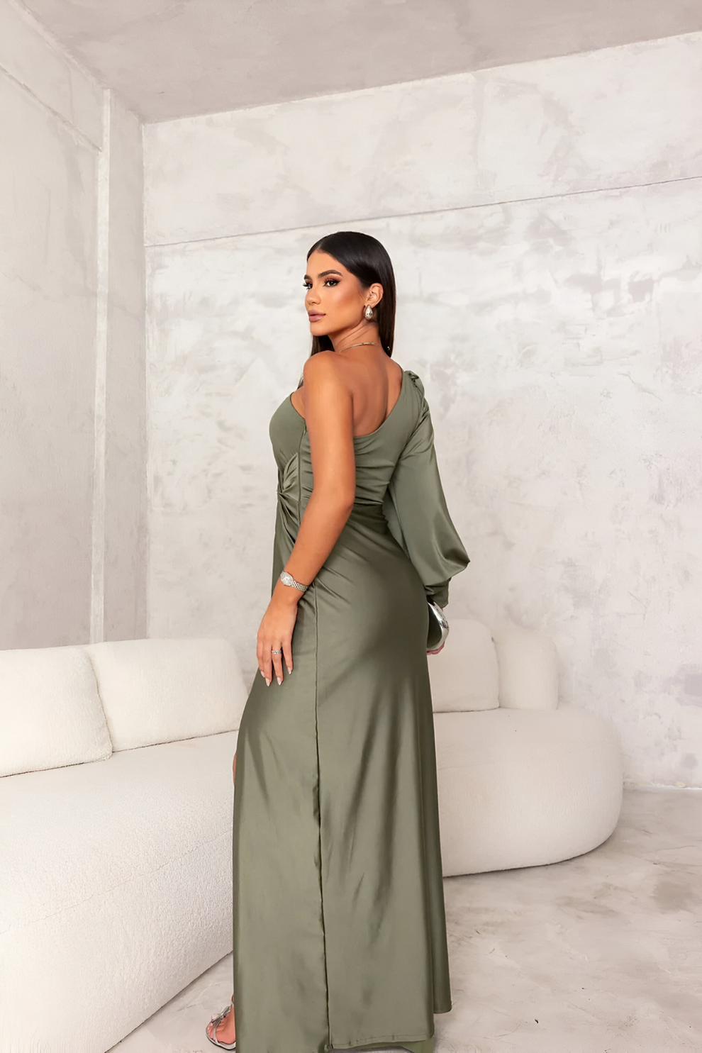 Duttini | Draped Sleeve One-Shoulder Maxi Dress