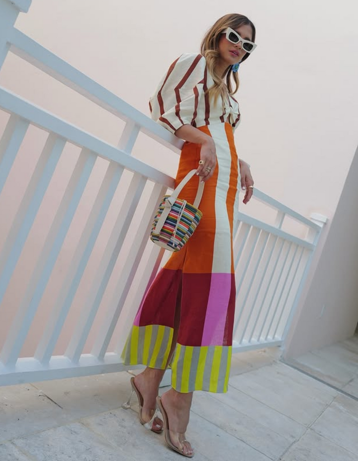 Duttini | Retro Stripe Mix Midi Tie-Front Dress