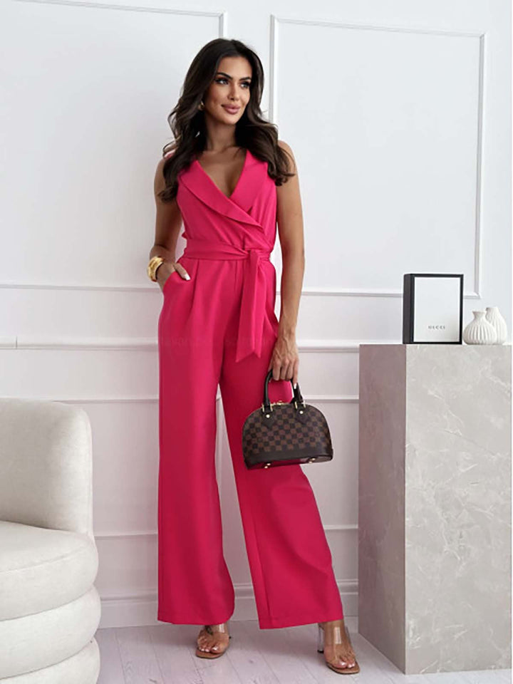 Duttini | Flowing Sleeveless Wide Leg Jumpsuit Wrap V-Neck Belted
