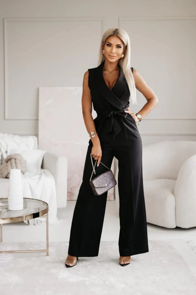 Duttini | Flowing Sleeveless Wide Leg Jumpsuit Wrap V-Neck Belted