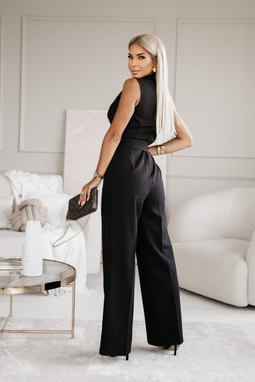 Duttini | Flowing Sleeveless Wide Leg Jumpsuit Wrap V-Neck Belted
