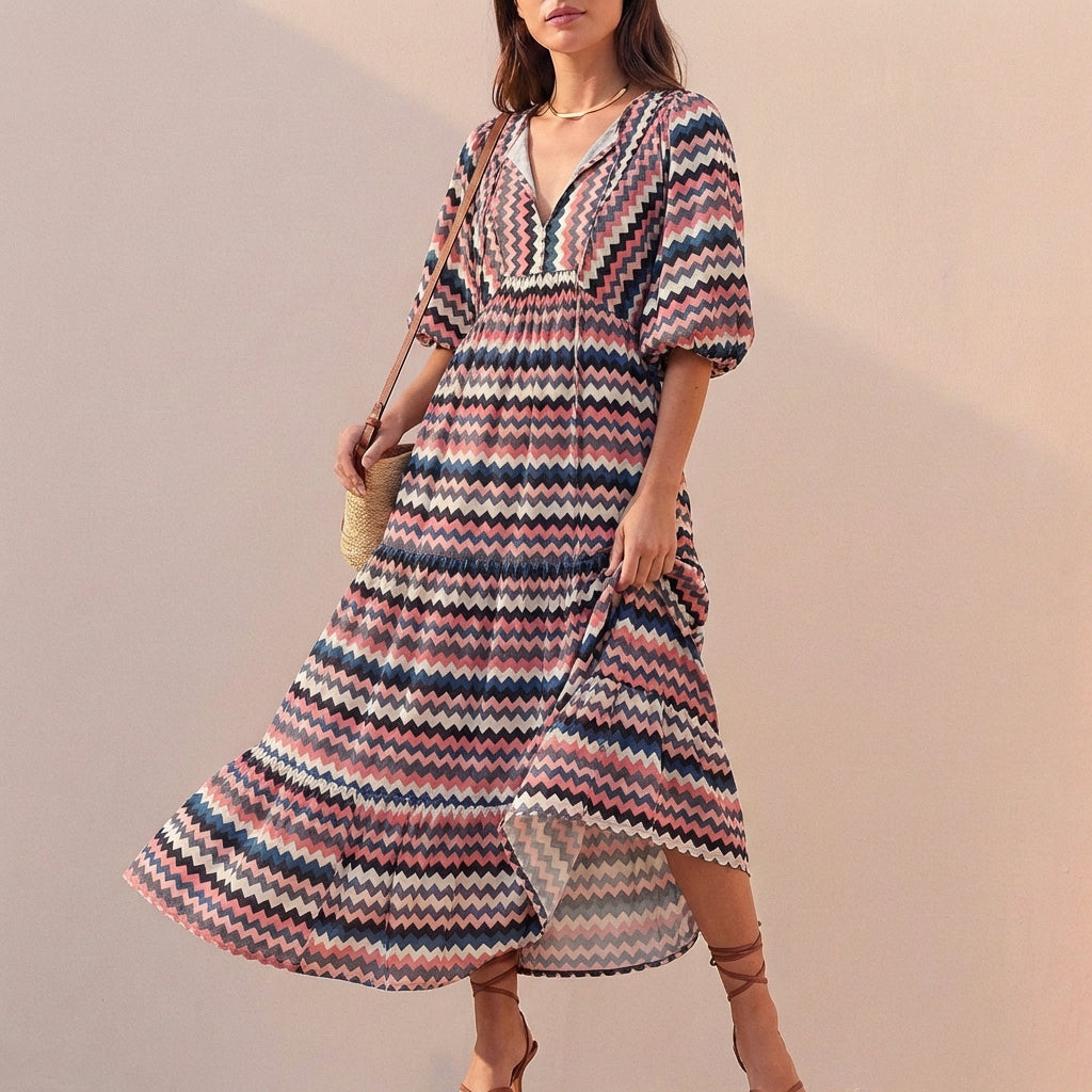 Duttini | Elegant Flowing V-Neck Midi Dress With Puff Sleeves And Tiered Skirt