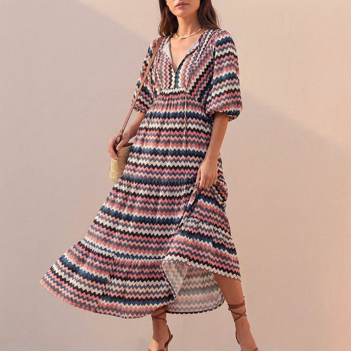Duttini | Elegant Flowing V-Neck Midi Dress With Puff Sleeves And Tiered Skirt