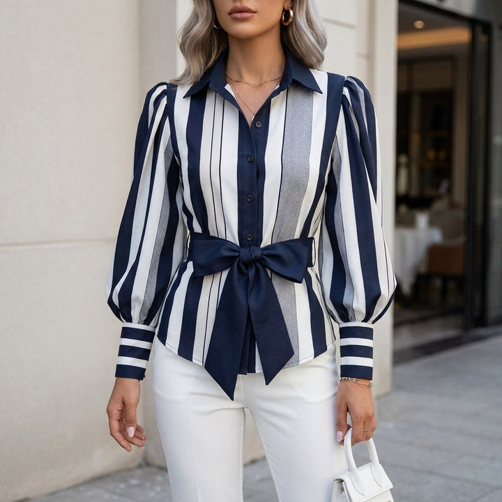Duttini | Sculpted Striped Puff Sleeve Blouse With Elegant Waist Tie Silhouette
