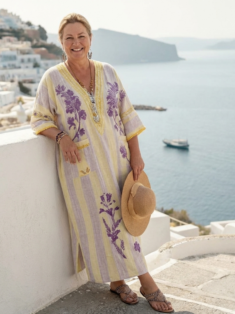 Duttini | Romantic V Neck Half Sleeve Striped Floral Maxi Dress