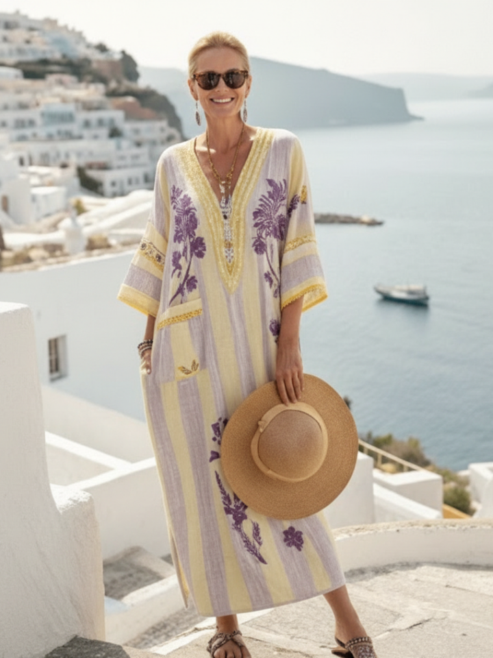 Duttini | Romantic V Neck Half Sleeve Striped Floral Maxi Dress