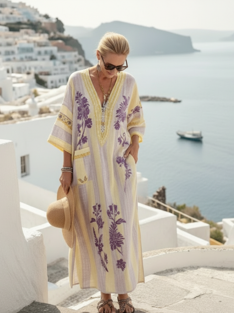 Duttini | Romantic V Neck Half Sleeve Striped Floral Maxi Dress