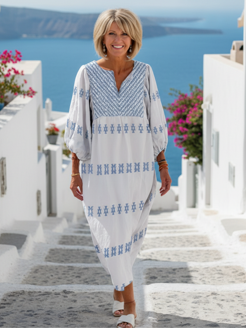 Duttini | Elegant V Neck Long Sleeve Embroidered Maxi Dress