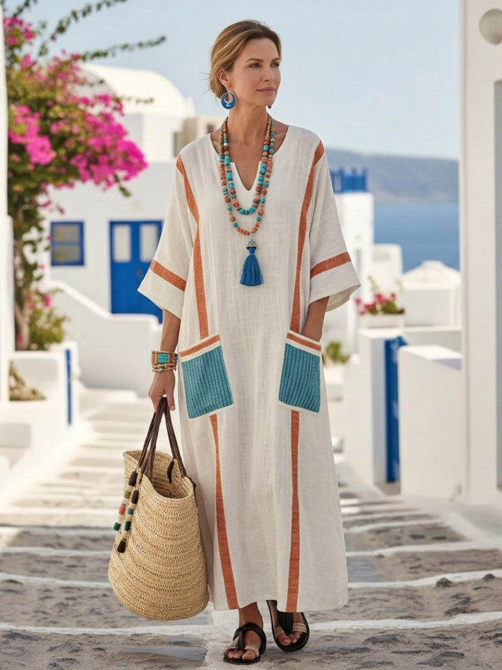 Duttini | Refined V Neck Half Sleeve Pocket Maxi Dress
