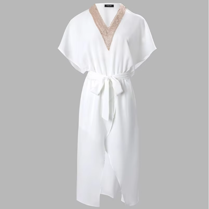 Duttini | Modern White Midi Dress V-Neck Gold Trim Short Sleeve