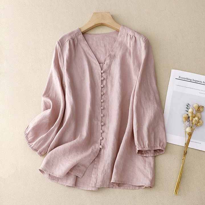 Duttini | Sculpted Relaxed Linen-Texture V-Neck Blouse With Delicate Button Detail