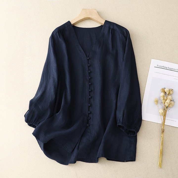 Duttini | Sculpted Relaxed Linen-Texture V-Neck Blouse With Delicate Button Detail
