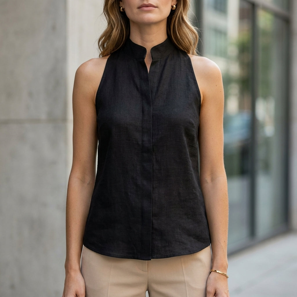 Duttini | Effortless Sleeveless Split Neck Blouse With Tailored Silhouette