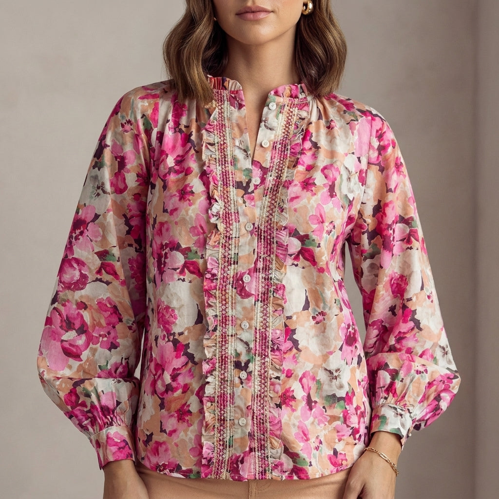 Duttini | Flowing Floral Ruffle-Trimmed Long-Sleeve Blouse With Bishop Sleeves
