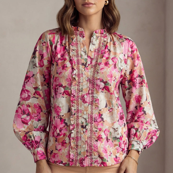 Duttini | Flowing Floral Ruffle-Trimmed Long-Sleeve Blouse With Bishop Sleeves