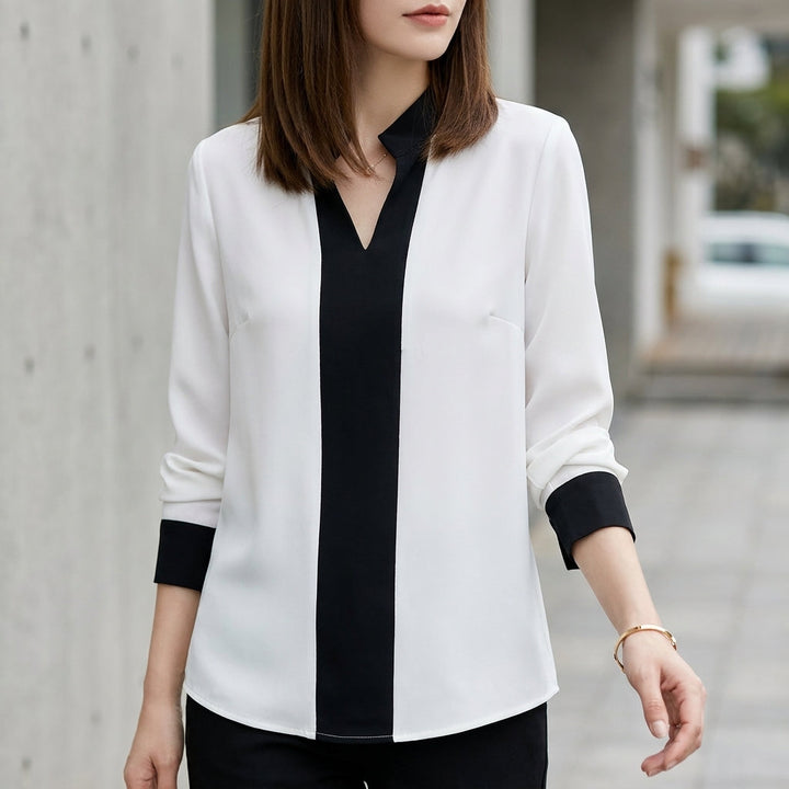 Duttini | Effortless Tailored Color-Block Chiffon Blouse With Stand Collar And V-Neck