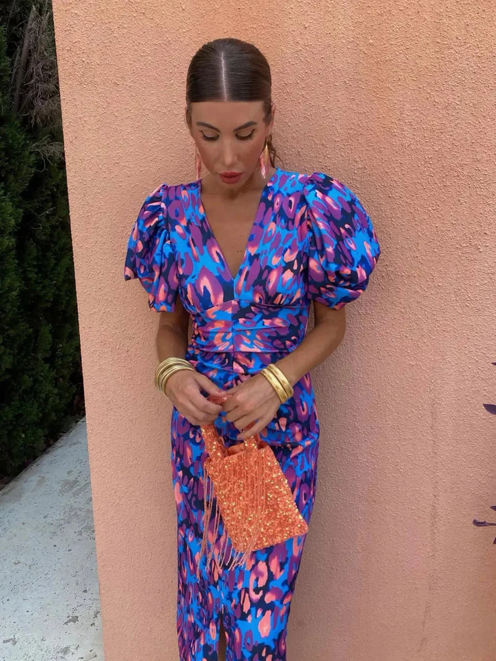 Duttini | Abstract Puff Sleeve Midi Dress