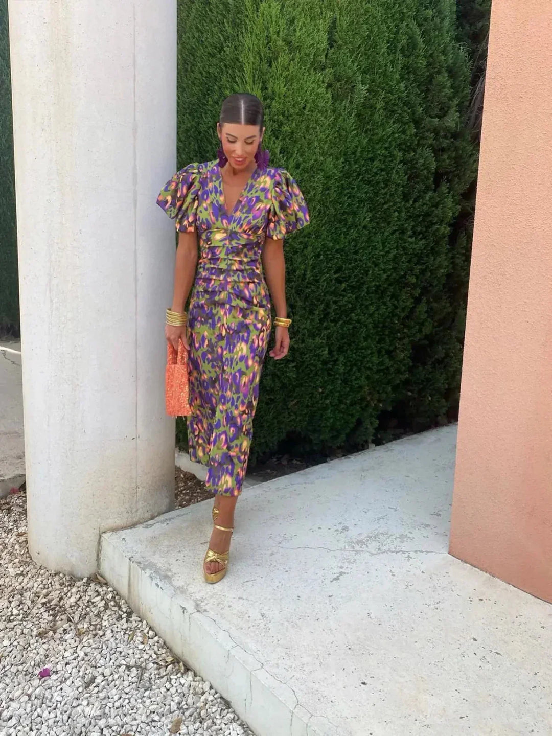 Duttini | Abstract Puff Sleeve Midi Dress