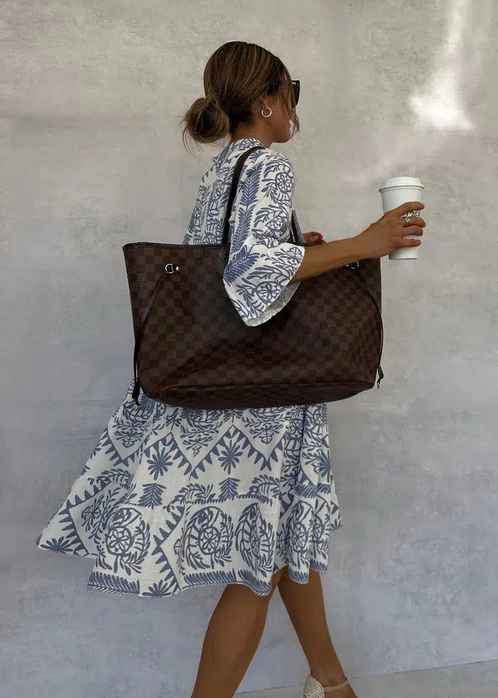 Duttini | Boho Print V-Neck 3/4 Sleeve Swing Dress with Graceful Drape