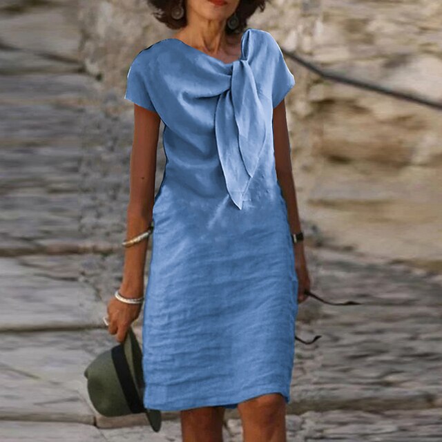 Duttini | Elegant Bow Neck Short Sleeve Midi Dress with Graceful Drape