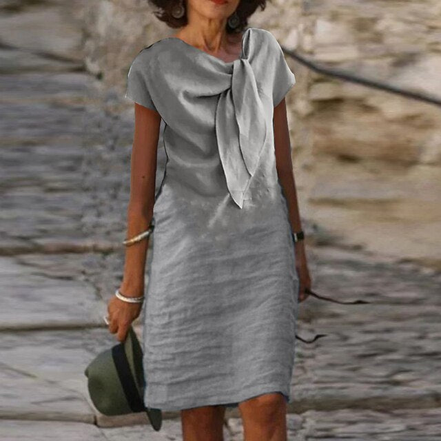 Duttini | Elegant Bow Neck Short Sleeve Midi Dress with Graceful Drape