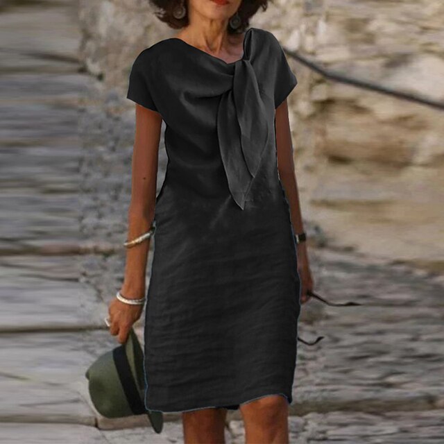 Duttini | Elegant Bow Neck Short Sleeve Midi Dress with Graceful Drape