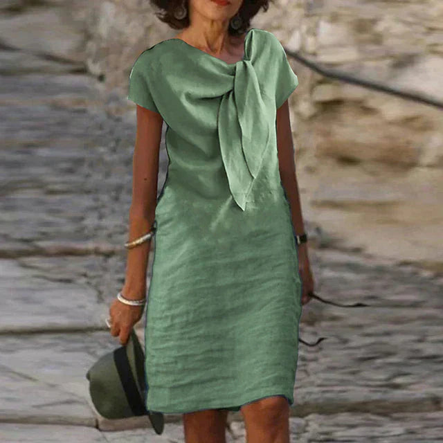 Duttini | Elegant Bow Neck Short Sleeve Midi Dress with Graceful Drape