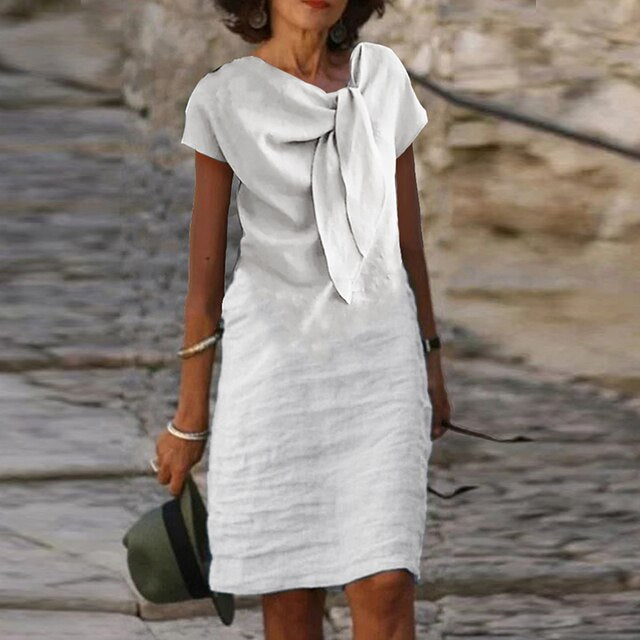 Duttini | Elegant Bow Neck Short Sleeve Midi Dress with Graceful Drape