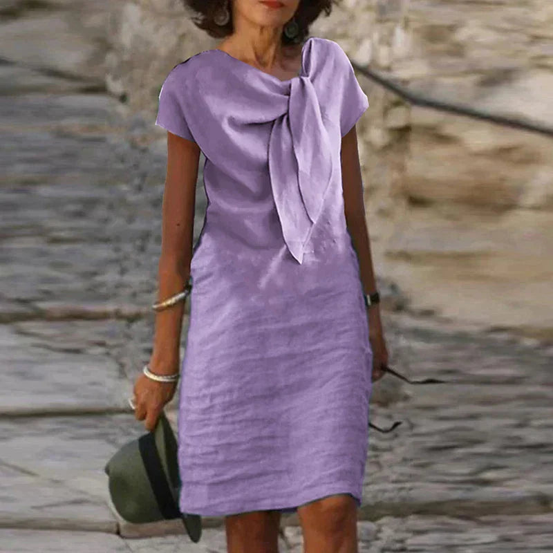 Duttini | Elegant Bow Neck Short Sleeve Midi Dress with Graceful Drape