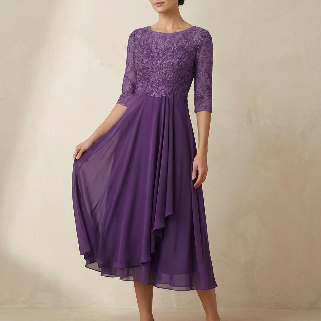 Duttini | Elegant Embroidered A-Line Midi Dress With Sheer Sleeves And Pockets