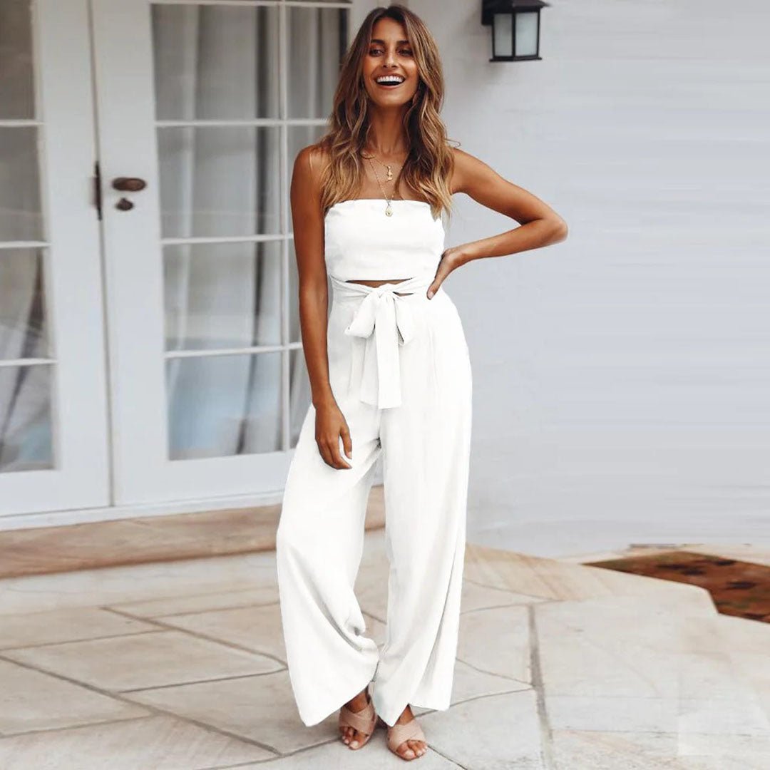 Duttini | Modern Strapless Tie Waist Wide Leg Jumpsuit