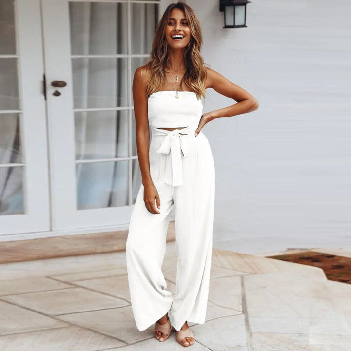 Duttini | Modern Strapless Tie Waist Wide Leg Jumpsuit
