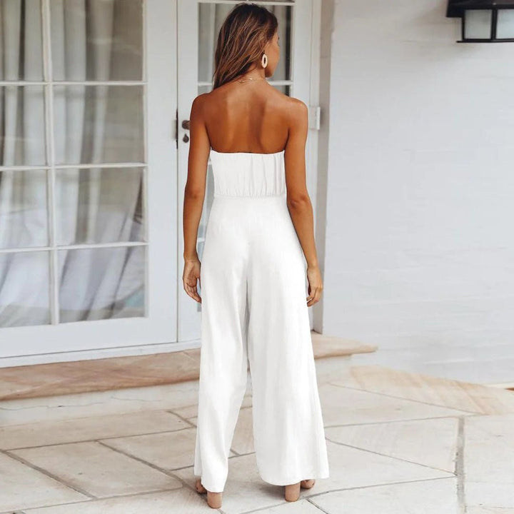 Duttini | Modern Strapless Tie Waist Wide Leg Jumpsuit