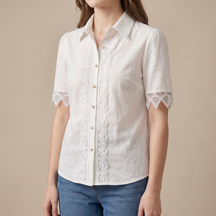 Duttini | Refined Tailored Short-Sleeve Lace-Trimmed Blouse With Scalloped Details