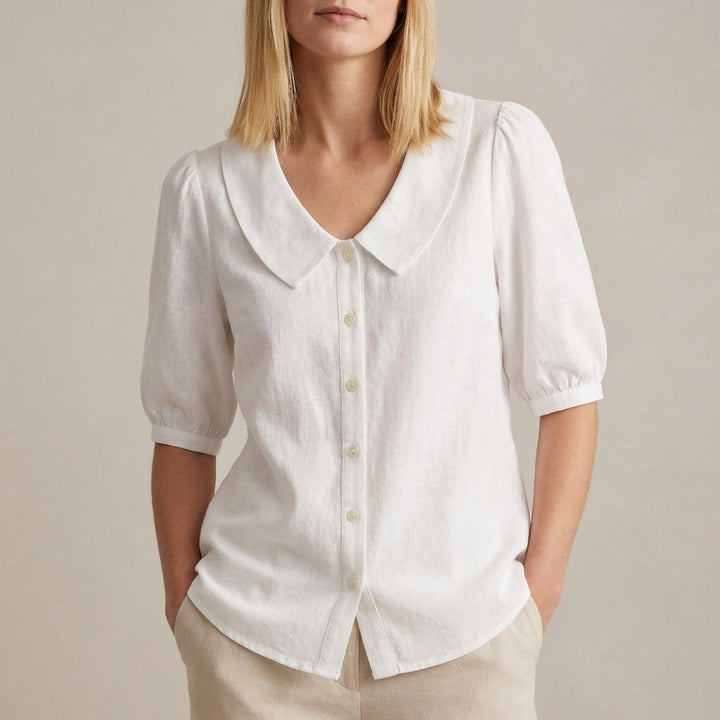 Duttini | Feminine Relaxed Woven Button-Down Blouse With Peter Pan Collar And Puff Sleeves